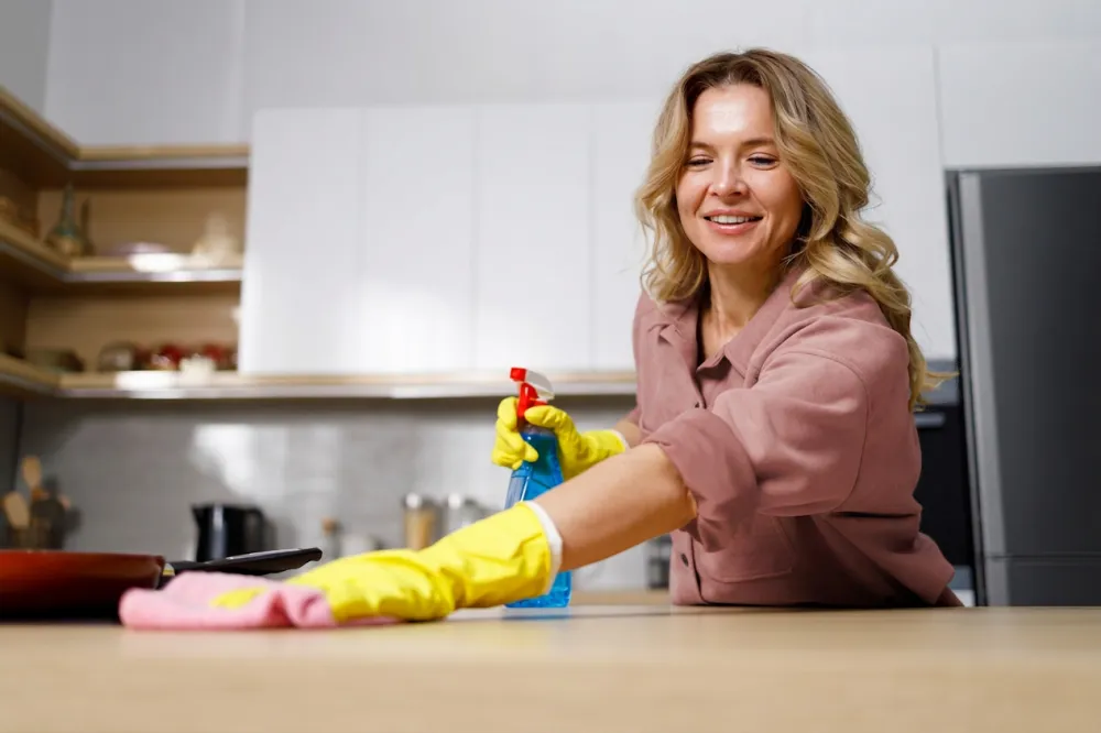 Huishoudhulp maakt een tafel schoon via erkende dienstencheques voor betrouwbare hulp in huis.